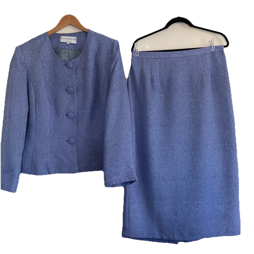 Lily‎ & Taylor 2 Piece Skirt Suit Jacket Periwinkle Blue Jacquard Round Neck 14
